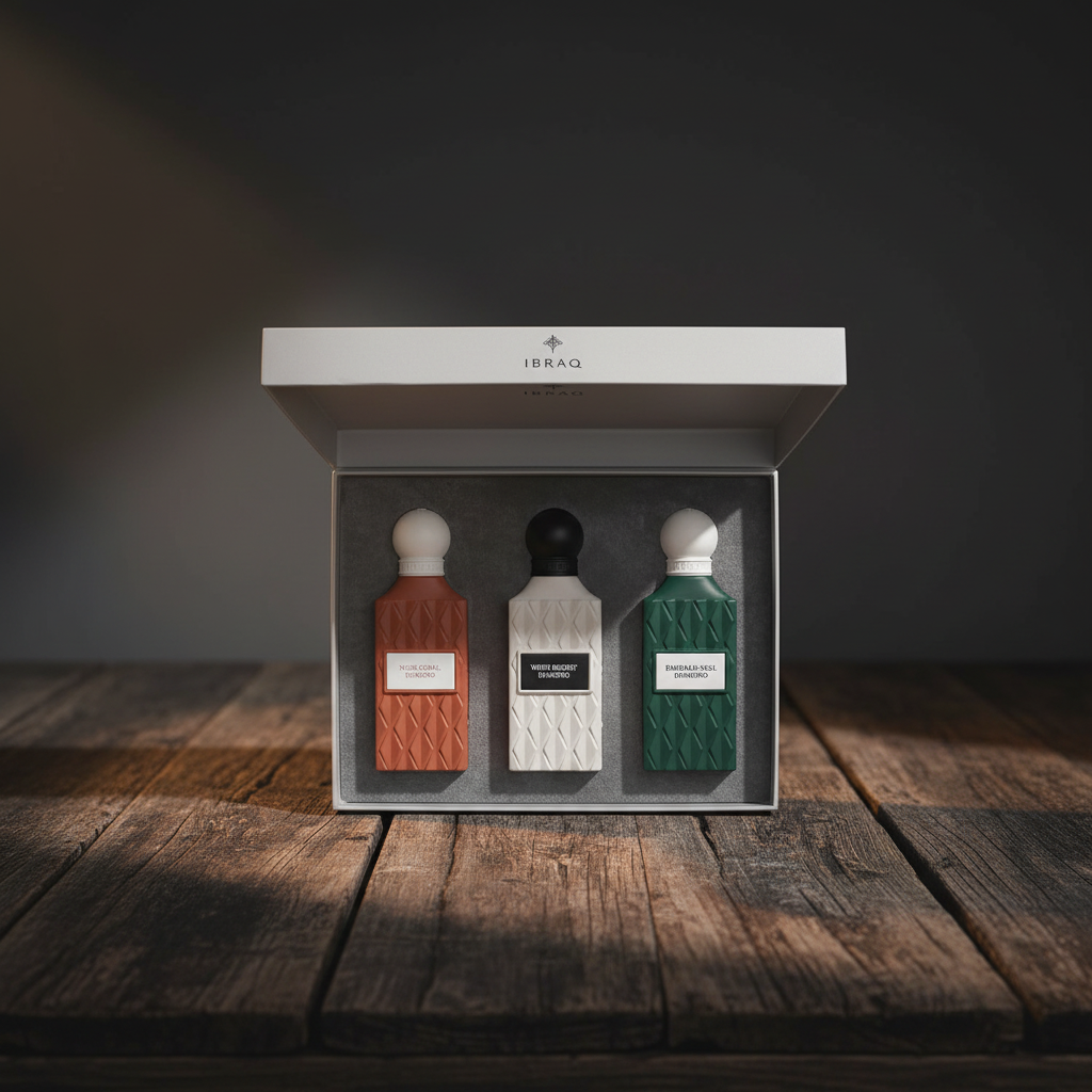 Diamond Collection gift box open with three perfume bottles inside