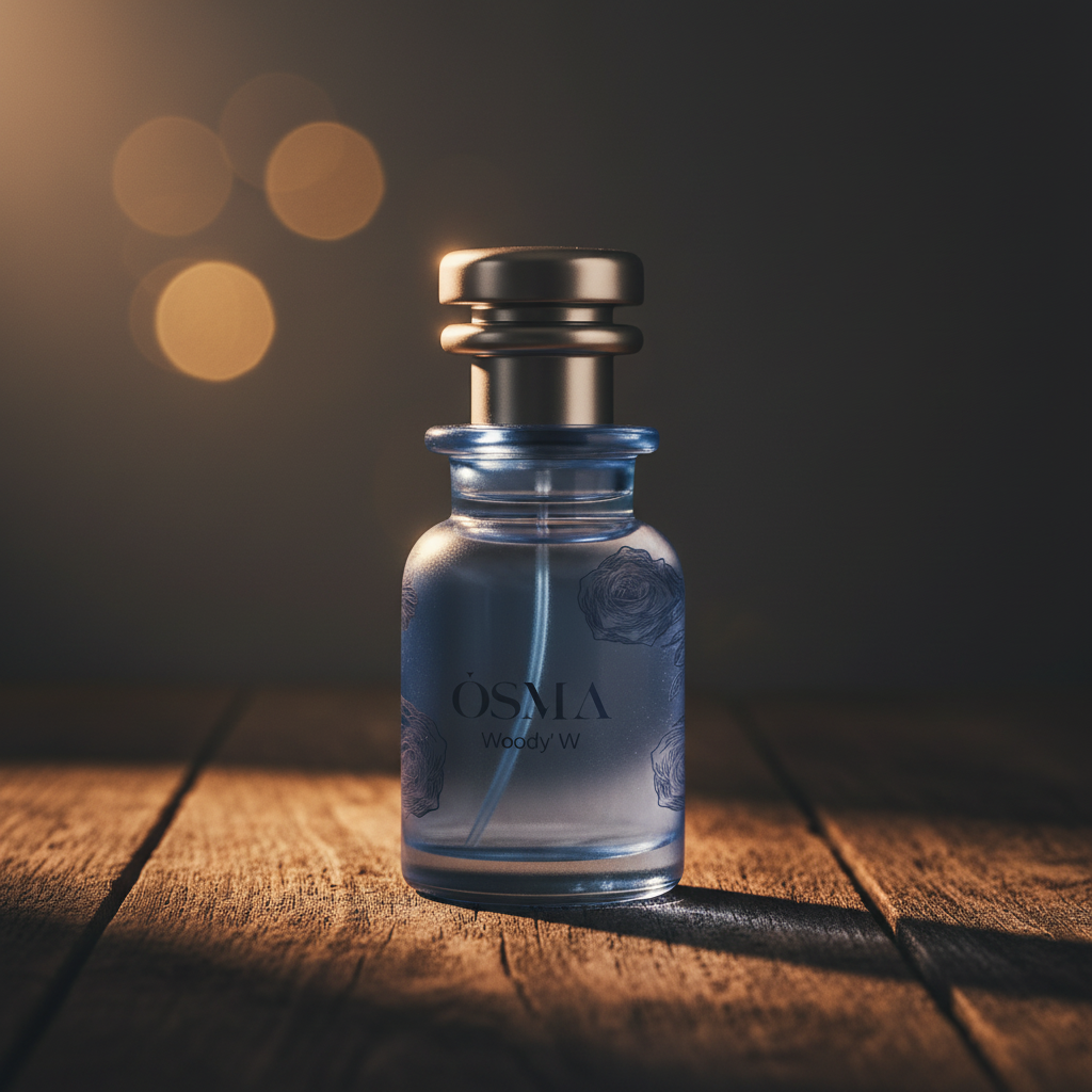 OSMA Woody W perfume bottle three-quarter angle on dark wood surface