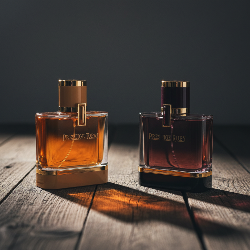 Prestige Ruby and Topaz perfume bottles three-quarter angle