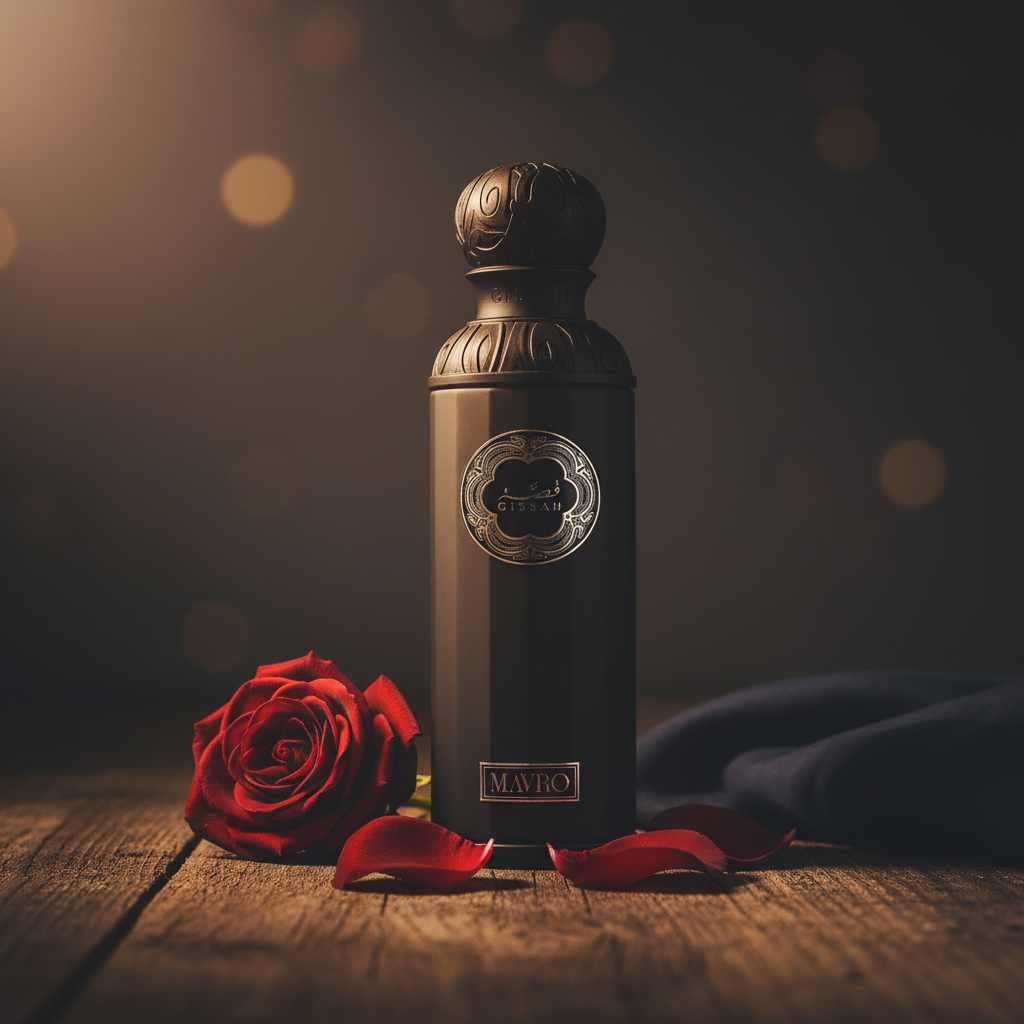 Gissah Mavro perfume bottle lifestyle shot with rose petals and draped fabric