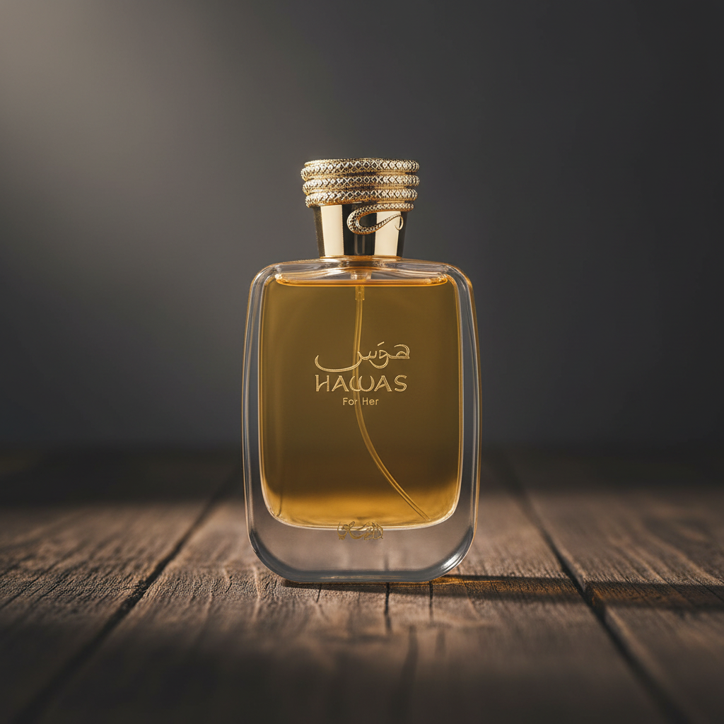 HAWAS For Her perfume bottle hero front shot on dark wood surface