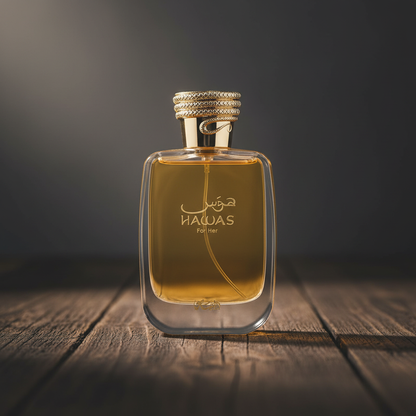 HAWAS For Her perfume bottle hero front shot on dark wood surface