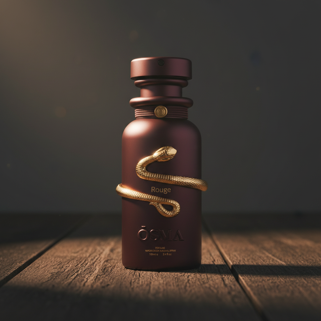 Rouge by OSMA perfume bottle hero front shot on dark wood surface