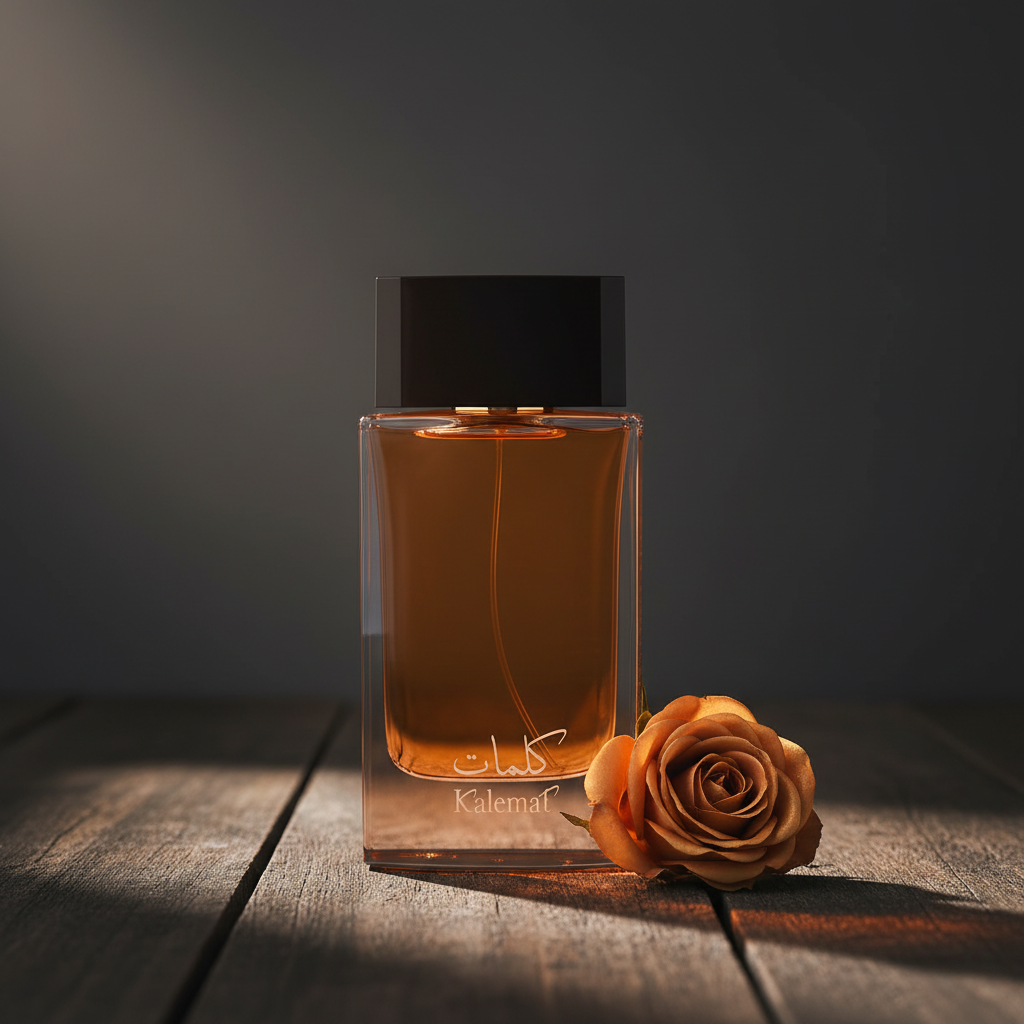 Kalemat perfume bottle with rose prop on dark weathered wood