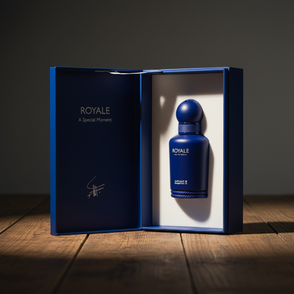 Royale EAU DE PARFUM by Al Majed Oud — Bottle with open royal blue gift box