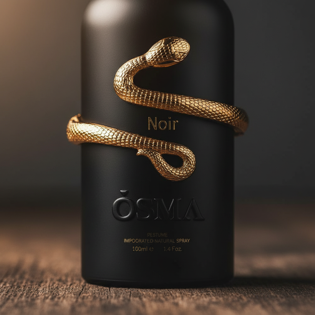 Close-up detail of gold snake on Noir by OSMA perfume bottle