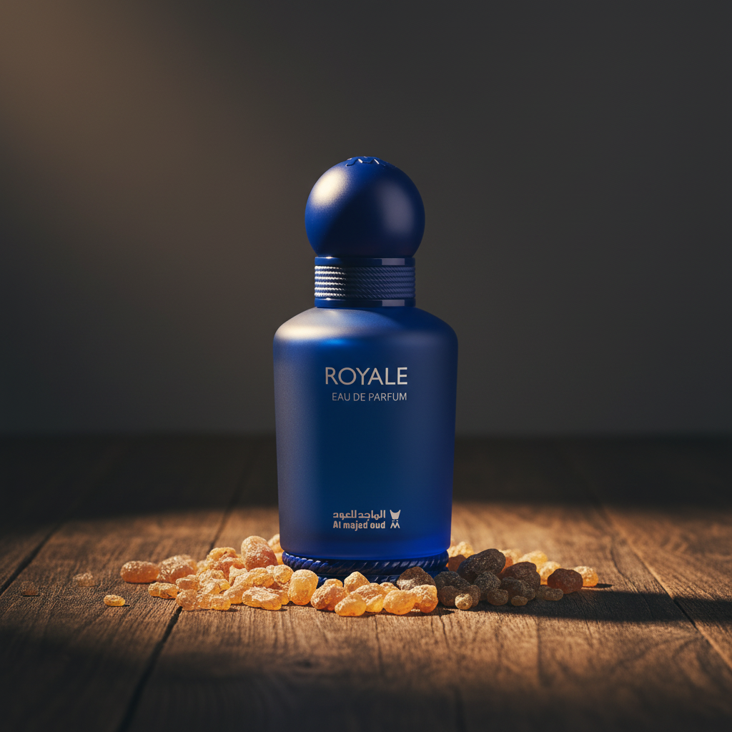 Royale EAU DE PARFUM by Al Majed Oud — Lifestyle shot with amber frankincense crystals at base