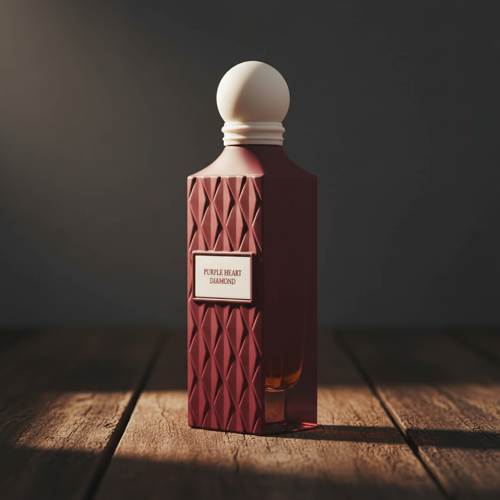 Purple Heart Diamond perfume bottle at three-quarter angle, dark moody studio setting