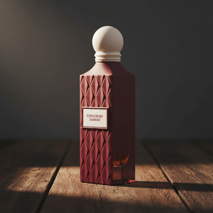 Purple Heart Diamond perfume bottle at three-quarter angle, dark moody studio setting