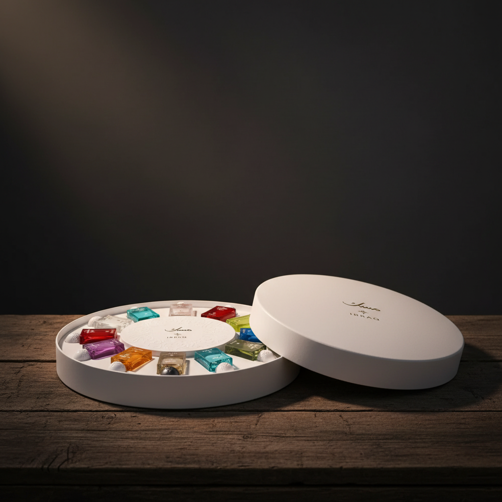 IBRAQ luxury perfume gift set packaging, circular tray with lid, dark studio