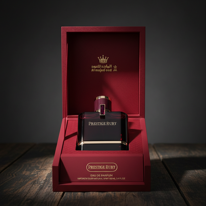 Prestige Ruby EAU DE PARFUM by Al Majed Oud — Bottle with open crimson gift box