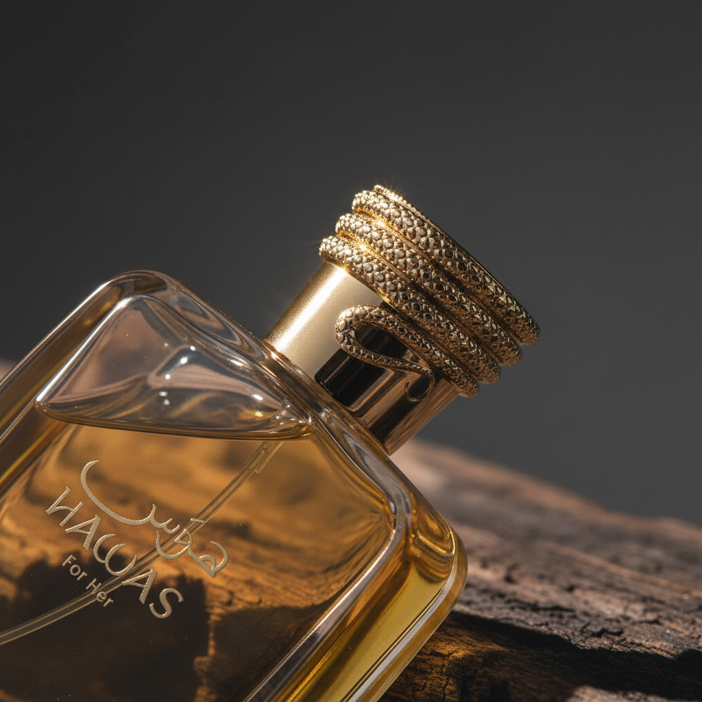 HAWAS For Her perfume bottle close-up detail of cap and label