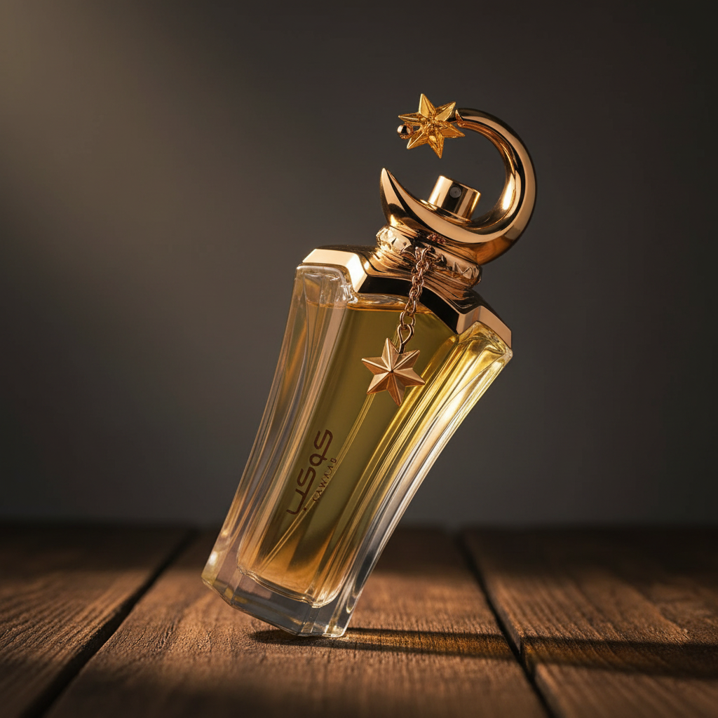 Kawkab perfume bottle three-quarter front angle on dark wood surface