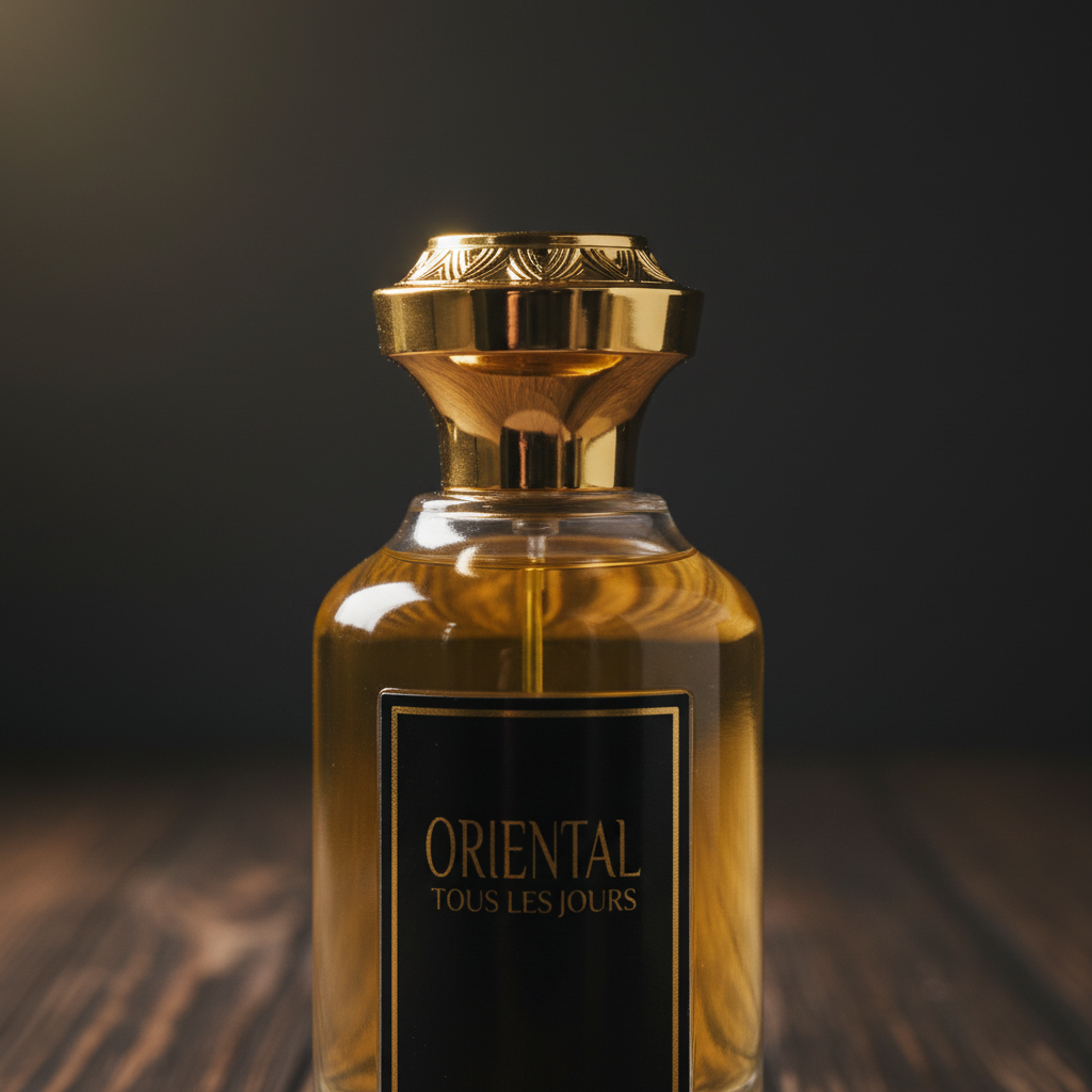 Oriental Tous Les Jours perfume bottle close-up detail of golden cap and label