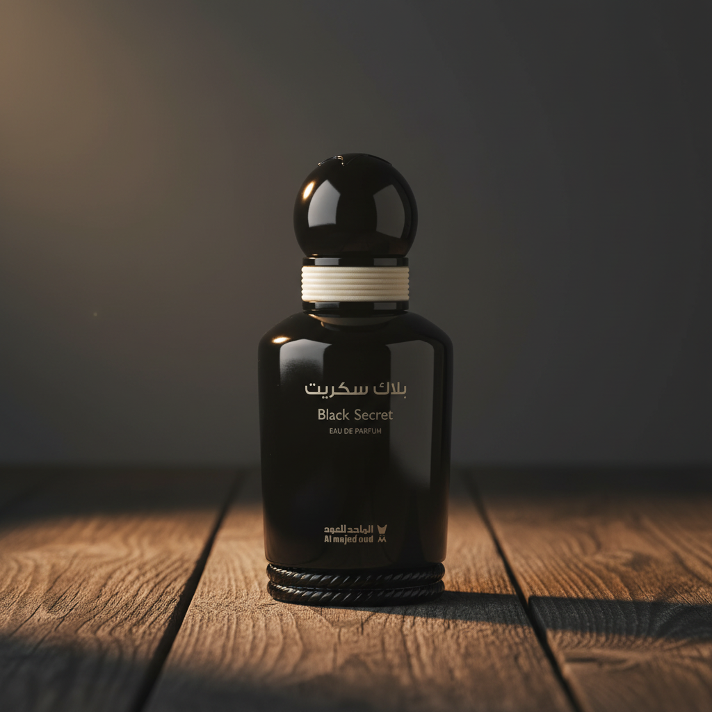 Black Secret Eau de Parfum hero front shot on dark wood surface