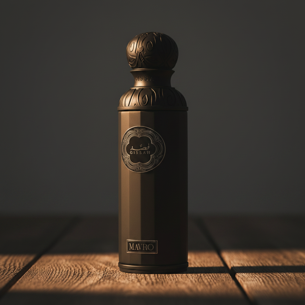 Gissah Mavro perfume bottle three-quarter front angle dark studio