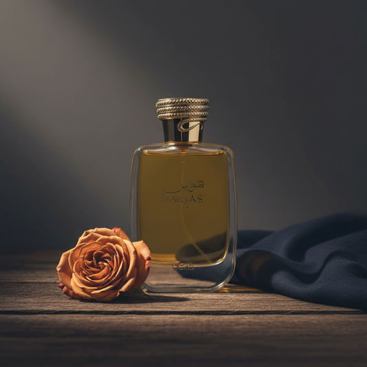 HAWAS For Her perfume bottle lifestyle shot with rose and draped fabric