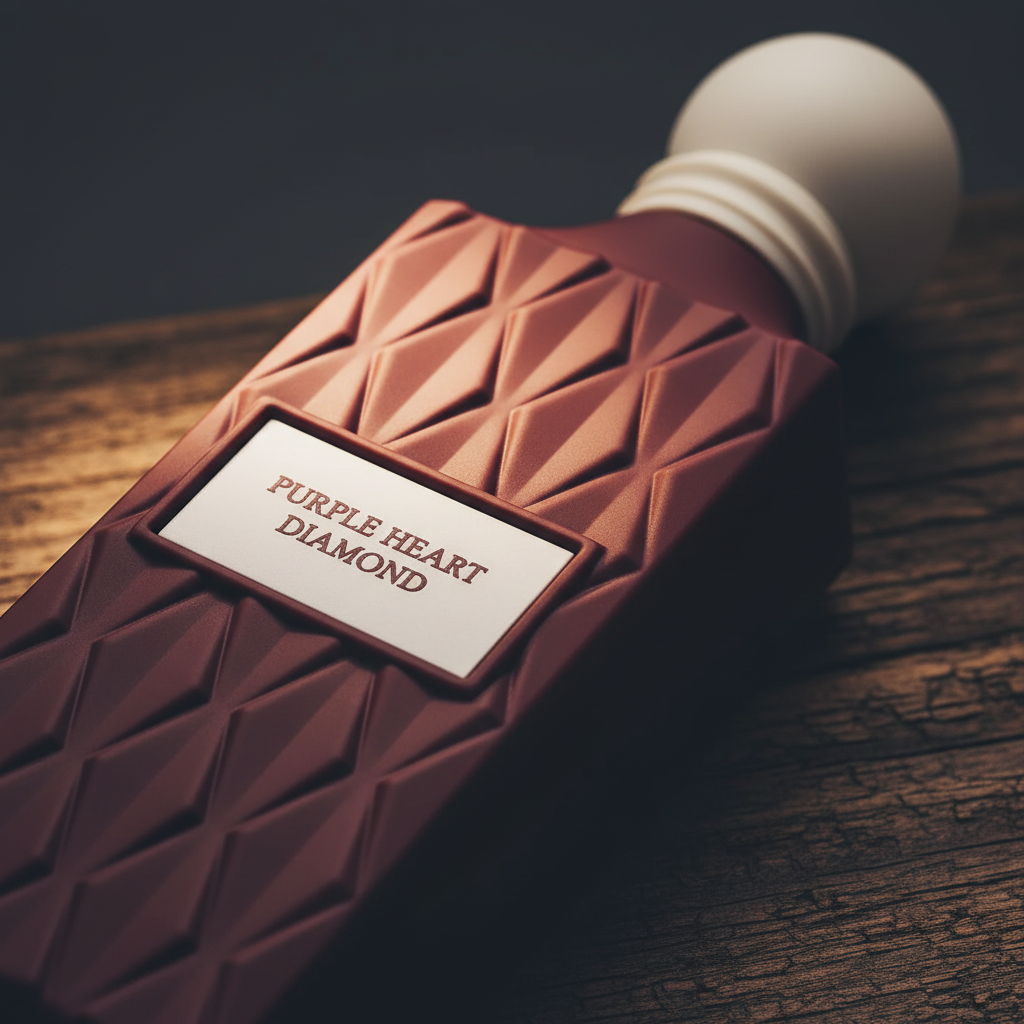 Purple Heart Diamond perfume bottle close-up detail, diamond embossed texture, warm amber light