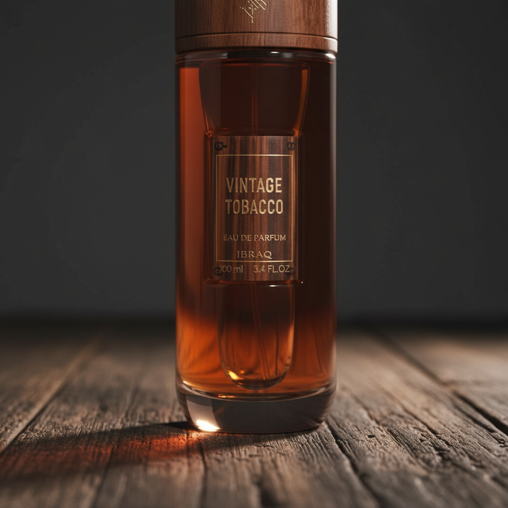 Vintage Tobacco by Ibraq — close-up macro detail of label and amber glass bottle body, gold accents, shallow depth of field