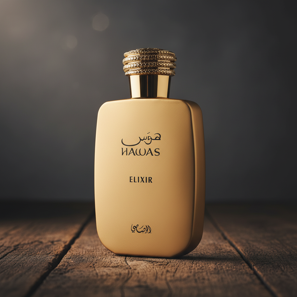 Hawas Elixir perfume bottle three-quarter angle on dark wood
