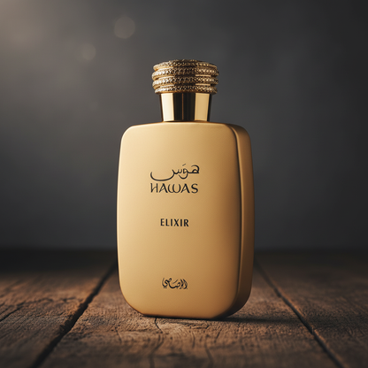 Hawas Elixir perfume bottle three-quarter angle on dark wood