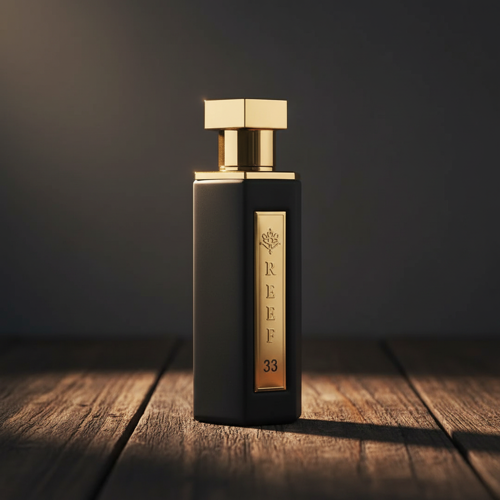 Obaiah Reef 33 luxury perfume bottle three-quarter angle