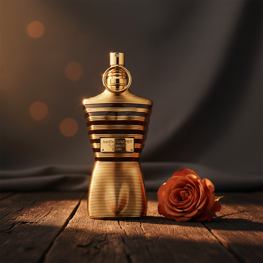 Jean Paul Gaultier Le Male Elixir perfume bottle with rose bloom prop, Arabian luxury mood