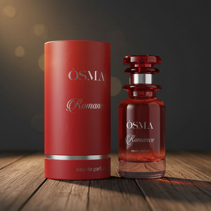 OSMA Romance perfume bottle hero front shot on dark wood surface