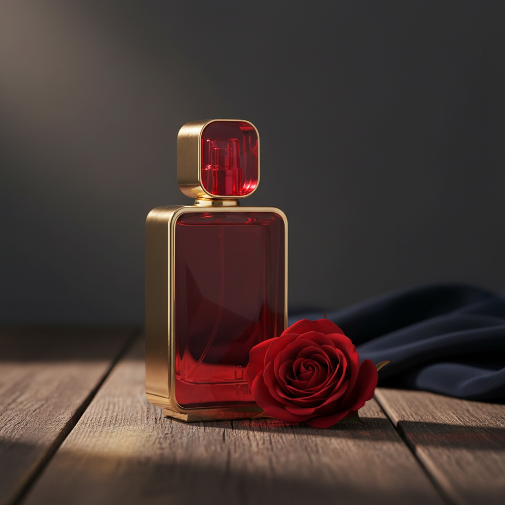 Yaqoot perfume bottle lifestyle shot with rose prop on dark wood