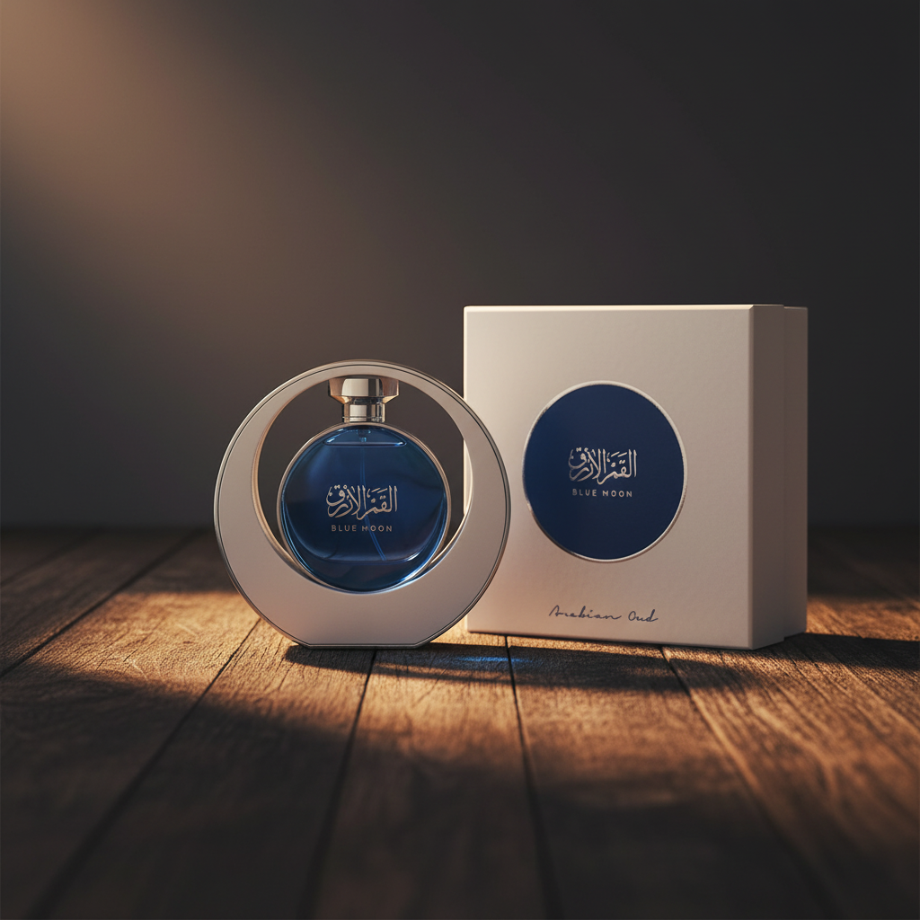 Arabian Oud Blue Moon perfume bottle with white gift box packaging