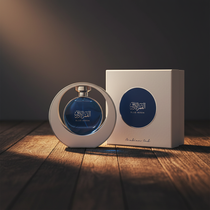 Arabian Oud Blue Moon perfume bottle with white gift box packaging