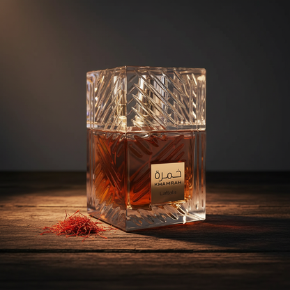 Khamrah by Lattafa perfume bottle lifestyle shot with saffron threads on dark wood