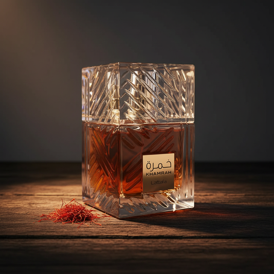 Khamrah by Lattafa perfume bottle lifestyle shot with saffron threads on dark wood