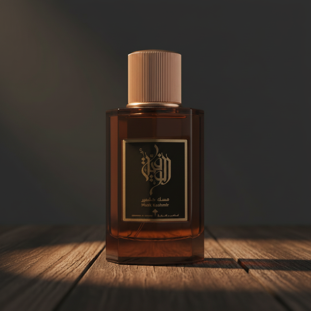 Musk Kashmir perfume bottle hero front shot on dark wood surface