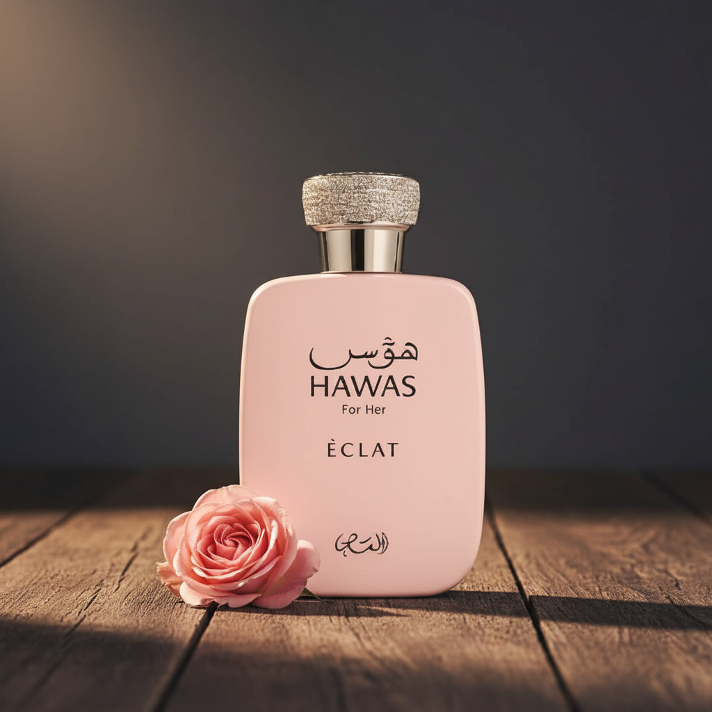 Hawas For Her Éclat perfume bottle with rose prop lifestyle shot