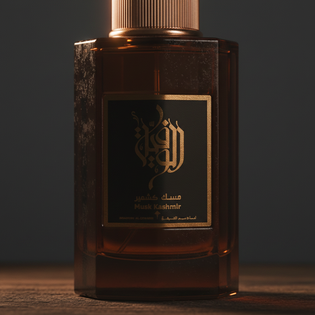 Musk Kashmir perfume bottle close-up label detail