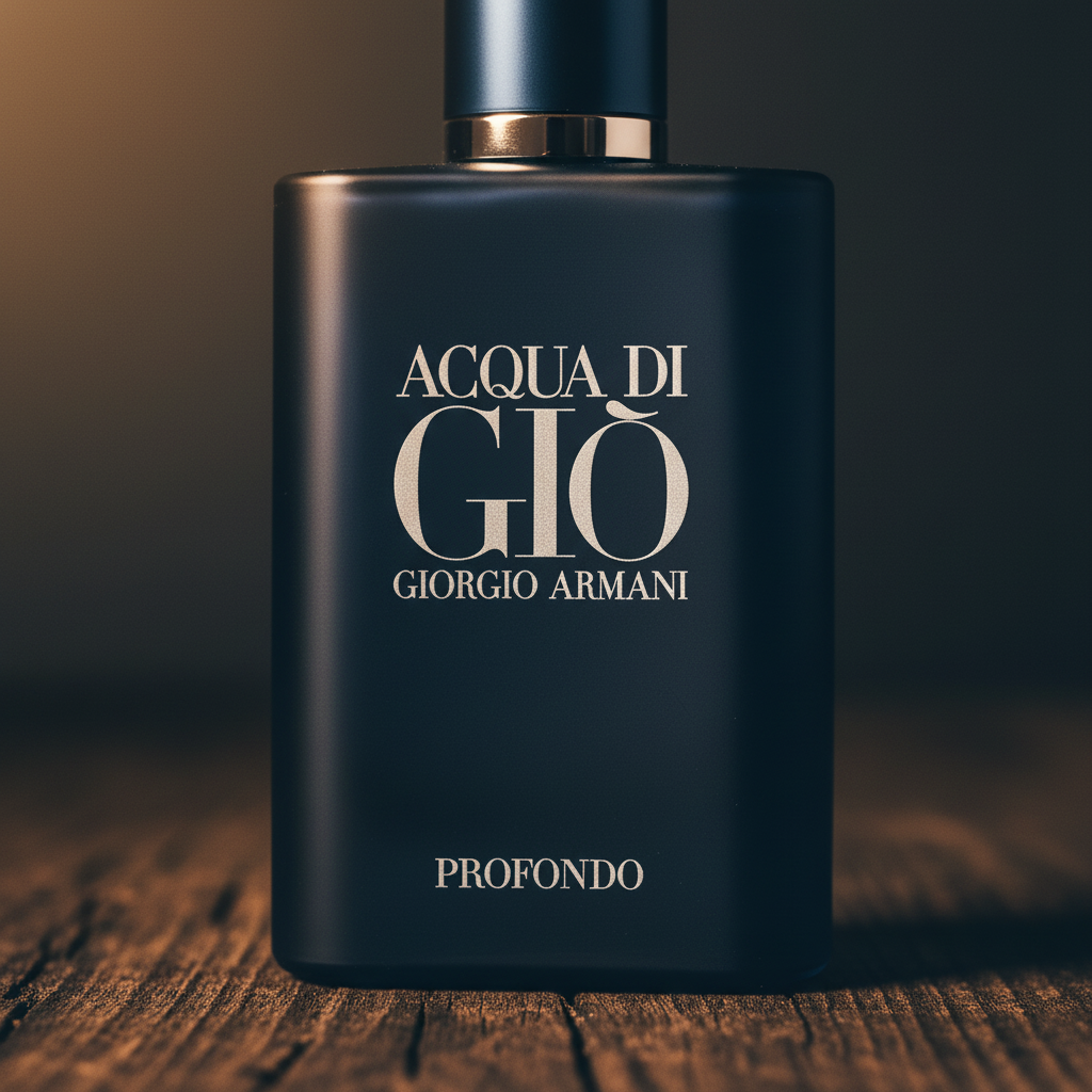 Acqua Di Giò Profondo – close-up macro of navy matte bottle with chrome accents and white serif label detail