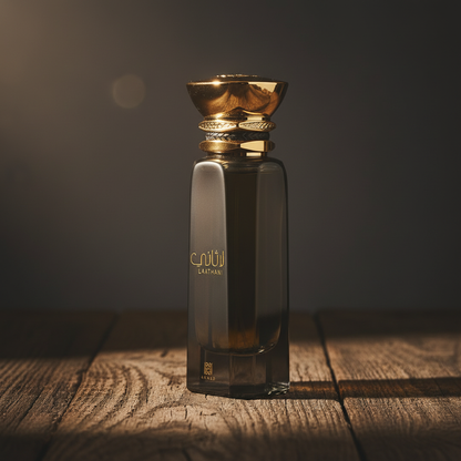 Laathani perfume bottle three-quarter angle on dark wood surface