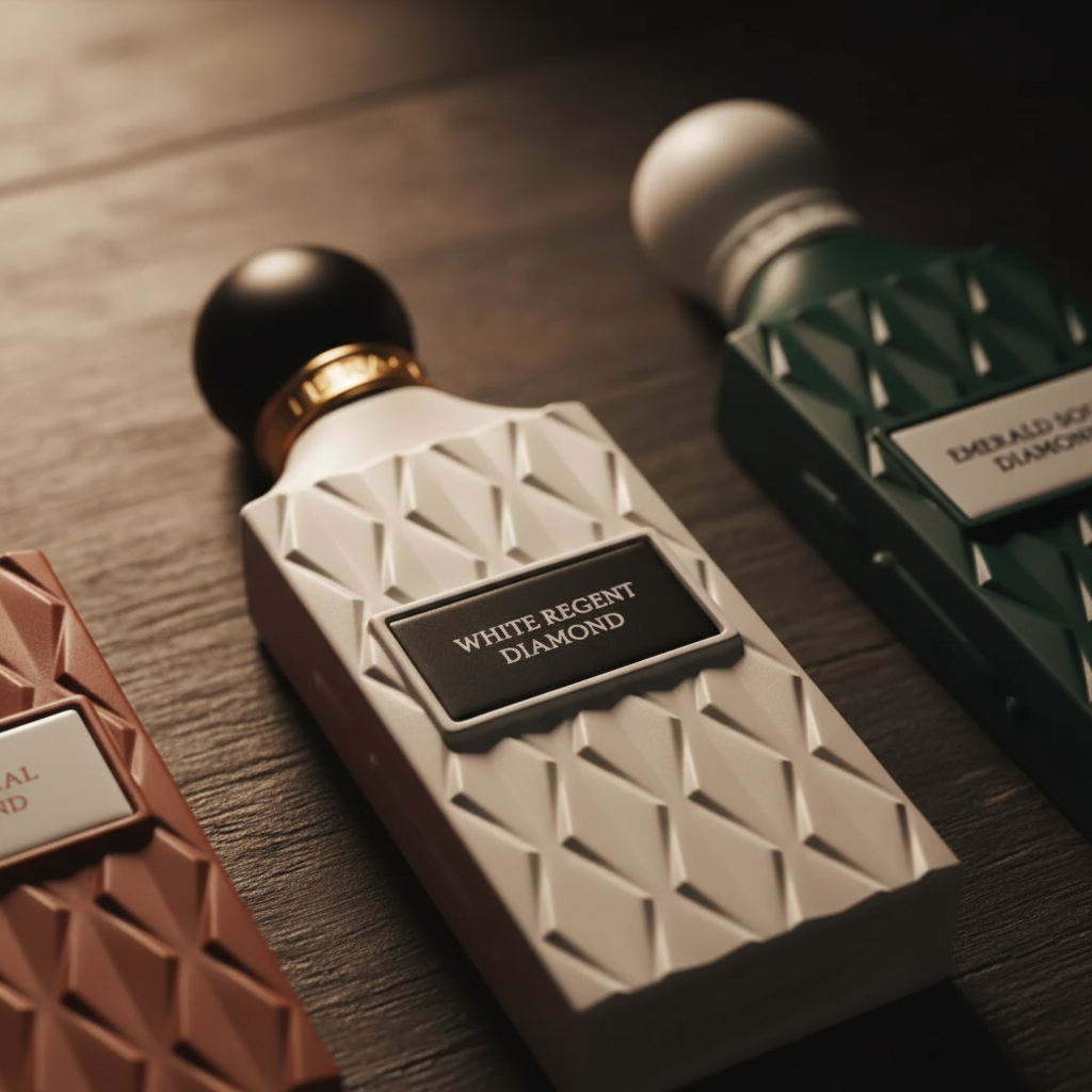 Diamond Collection perfume bottle close-up detail showing diamond lattice texture