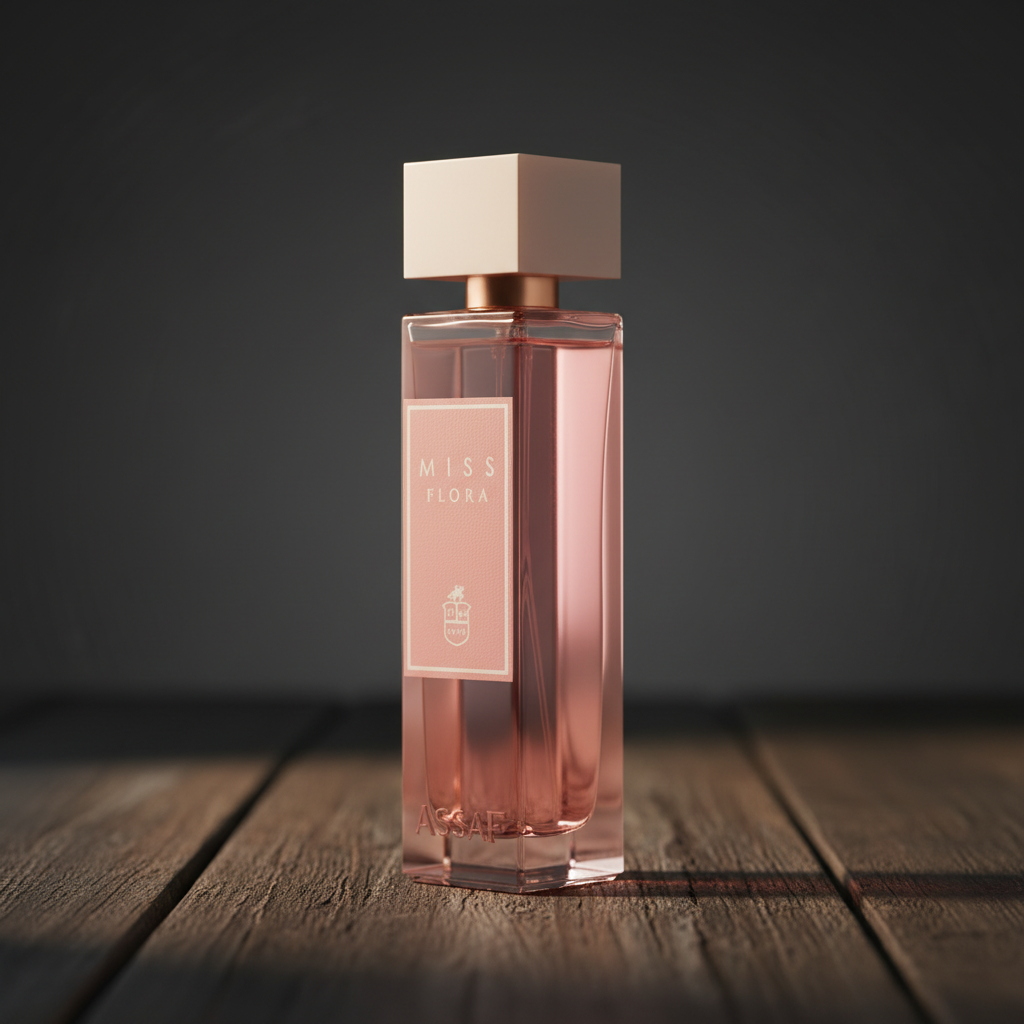 Miss Flora perfume bottle three-quarter angle on dark wood surface
