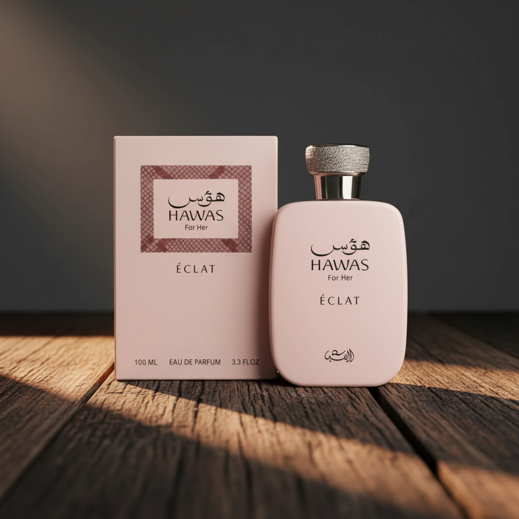 Hawas For Her Éclat perfume bottle and packaging box dark studio
