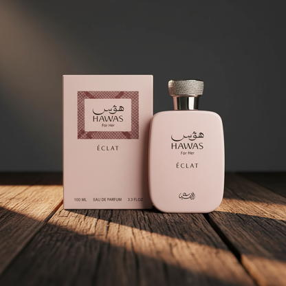 Hawas For Her Éclat perfume bottle and packaging box dark studio