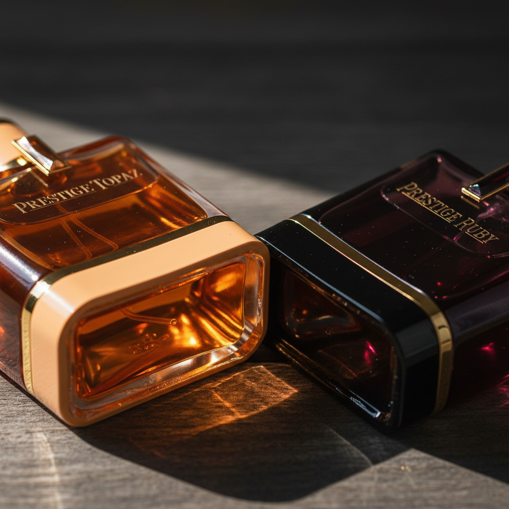 Prestige Ruby and Topaz perfume bottles close-up detail