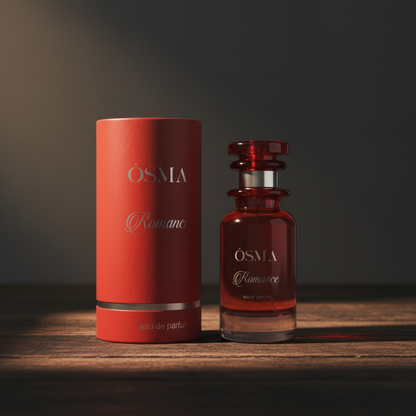 OSMA Romance perfume bottle three-quarter angle on dark wood surface