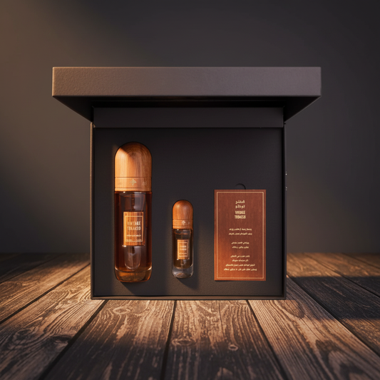 Vintage Tobacco by Ibraq — black matte gift box open with large and small amber bottles, dark studio setting