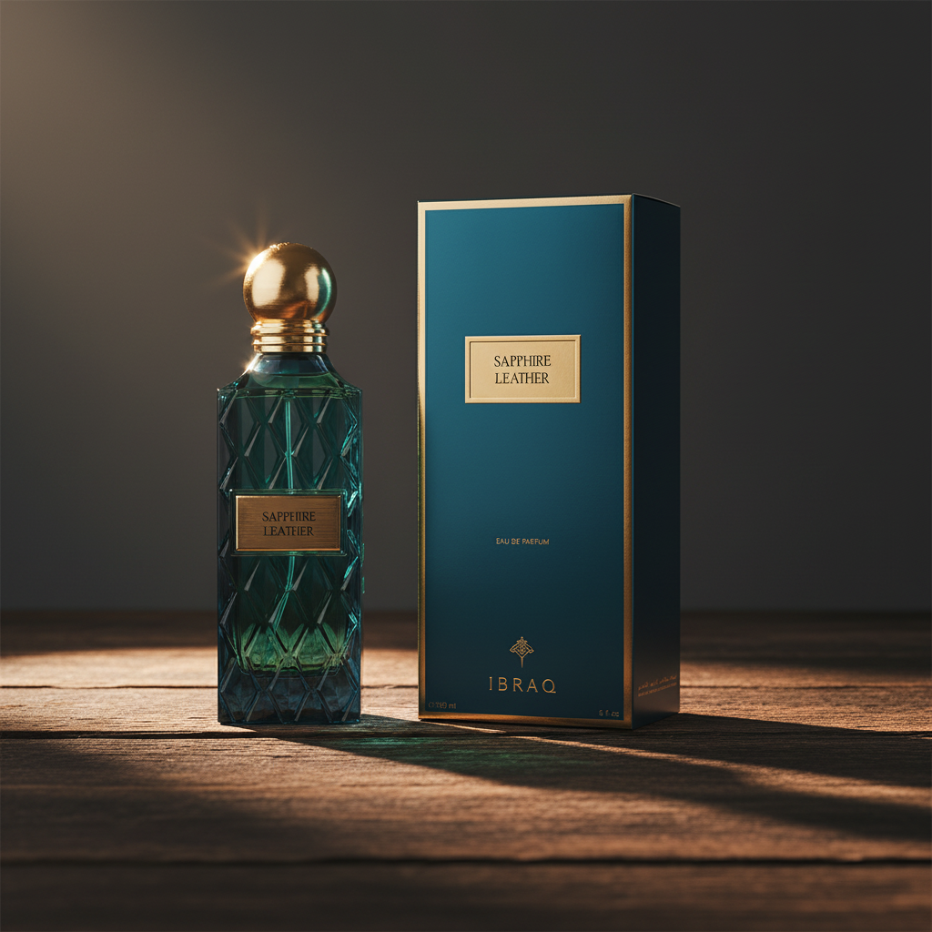 Sapphire Leather by IBRAQ — Bottle and box packaging, dark moody studio