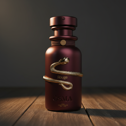 Rouge by OSMA perfume bottle three-quarter front angle on dark wood surface