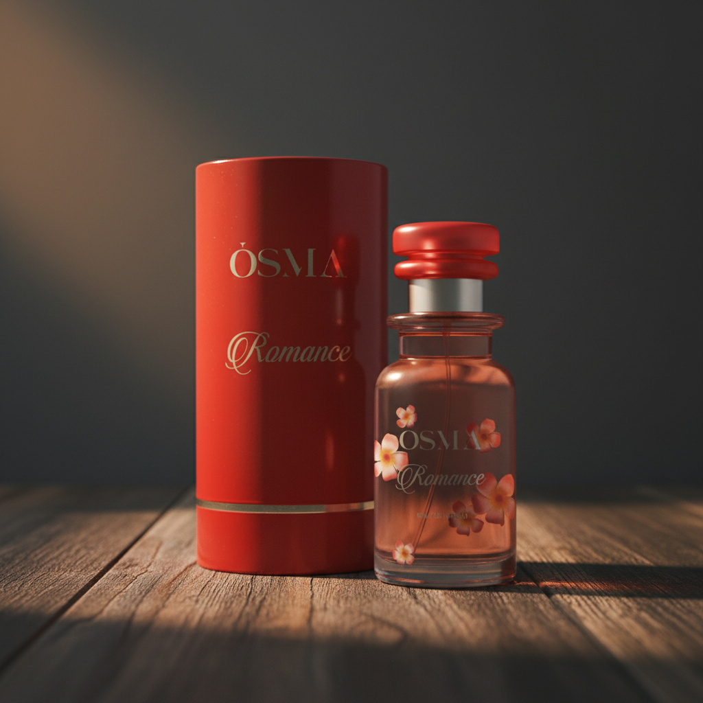 OSMA Romance perfume bottle and red cylindrical box packaging shot