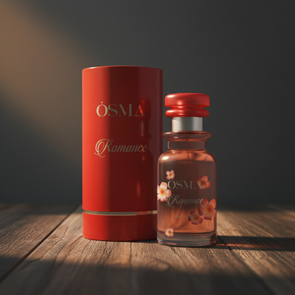 OSMA Romance perfume bottle and red cylindrical box packaging shot