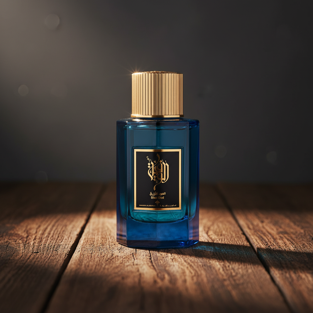 Blue Oud perfume bottle hero front shot on dark wood surface